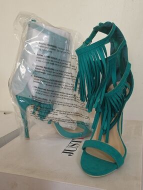 JustFab Teal Fringe High Heel Sandals